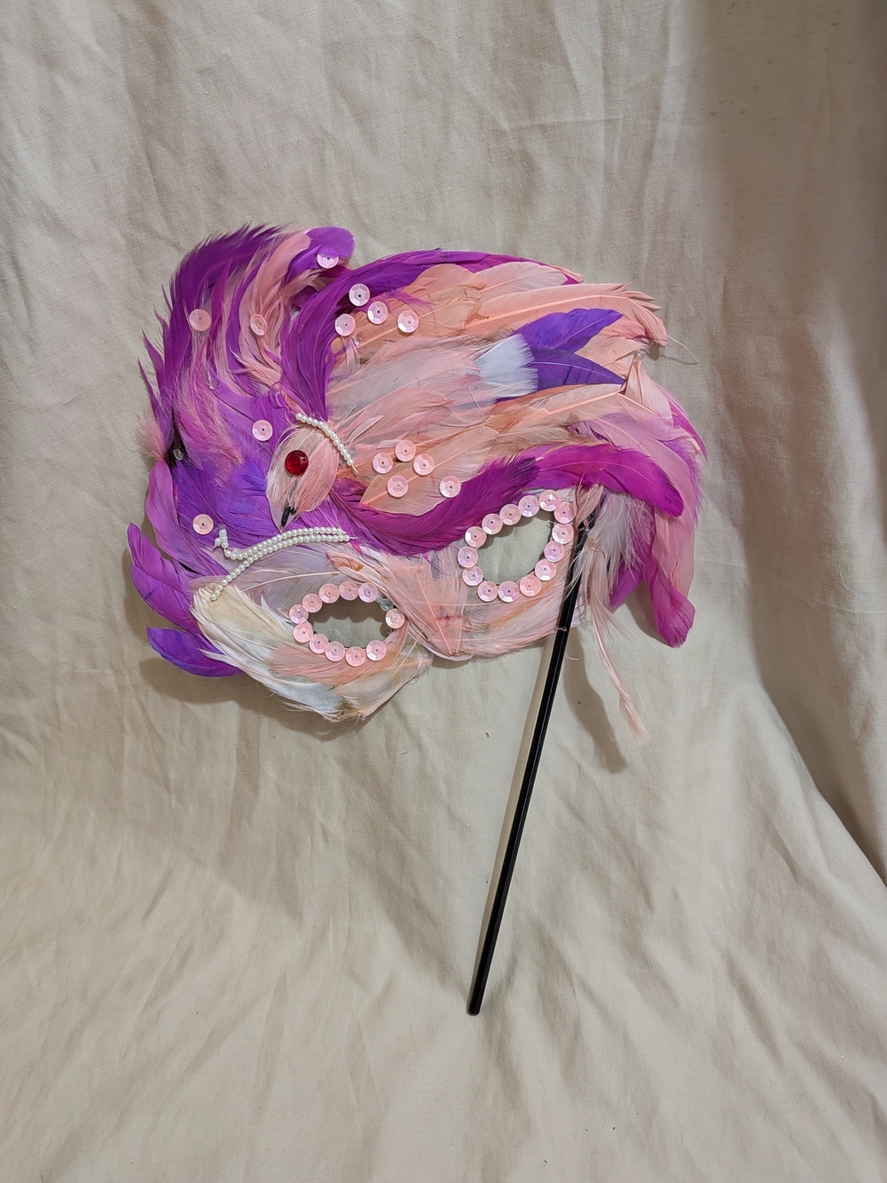 Source Unknown Pink and Purple Feathered Masquerade Mask on Handle